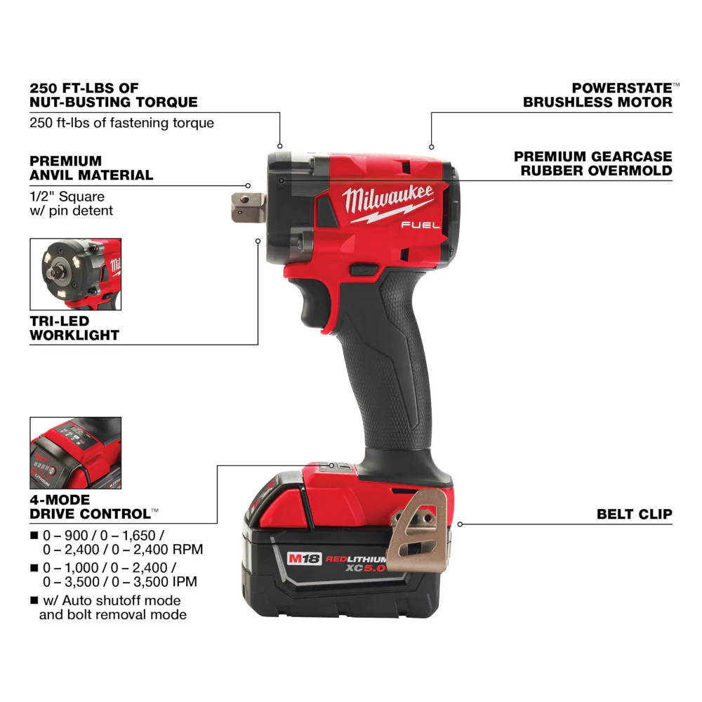 Milwaukee M18 FUEL™ 1/2" Compact Impact Wrench Kit w/ Pin Detent - Image 4