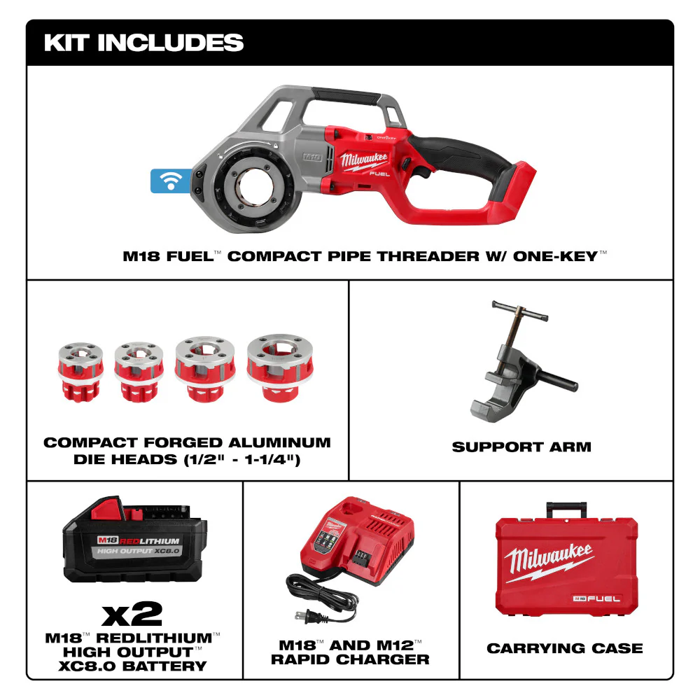 Milwaukee M18 FUEL ONE-KEY Cordless Compact Pipe Threader w/ 1/2 - 1-1/4" NPT Forged Aluminum Die Heads - Image 2