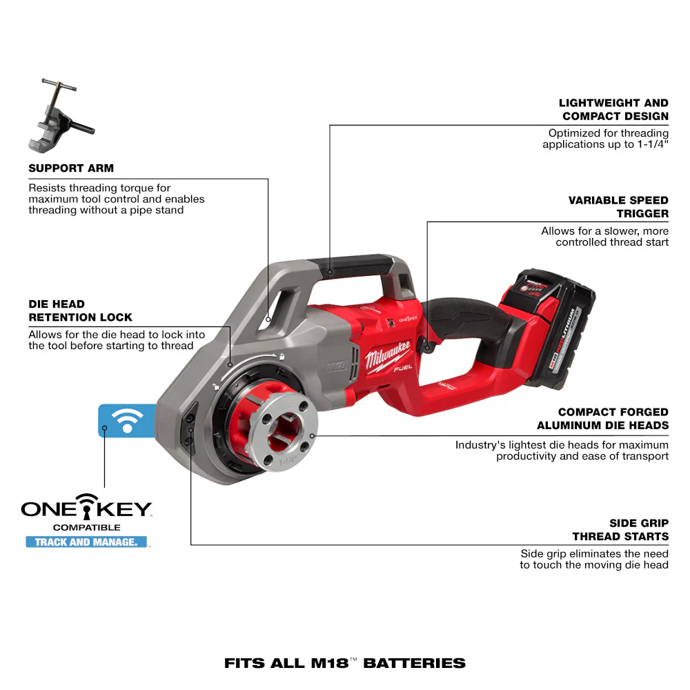 Milwaukee M18 FUEL ONE-KEY Cordless Compact Pipe Threader w/ 1/2 - 1-1/4" NPT Forged Aluminum Die Heads - Image 7