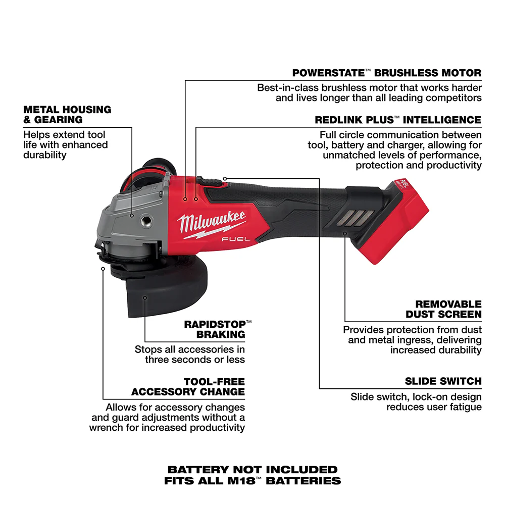 Milwaukee M18 FUEL Cordless 4-1/2" / 5" Grinder Slide Switch, Lock-On - Tool Only - Image 7