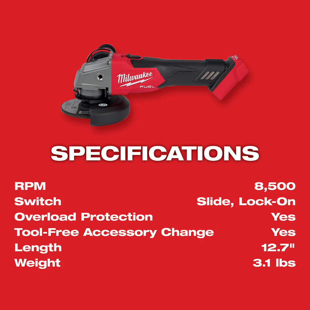 Milwaukee M18 FUEL Cordless 4-1/2" / 5" Grinder Slide Switch, Lock-On - Tool Only - Image 8