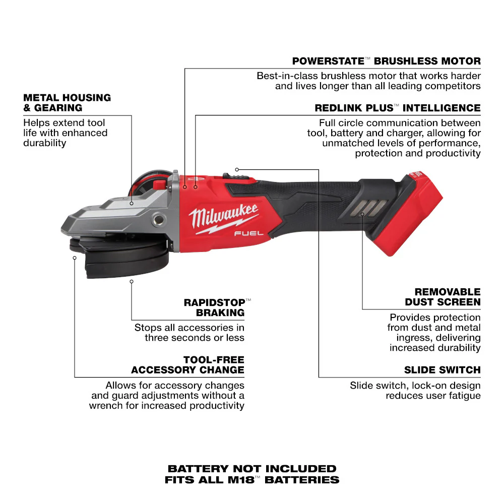 Milwaukee M18 FUEL 5" Flathead Braking Grinder, Slide Switch Lock-On - Image 6