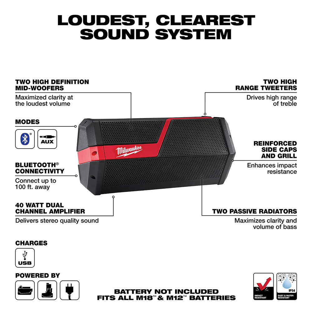 Milwaukee M18/M12 18 Volt/12 Volt Cordless Wireless Jobsite Speaker - Tool Only - Image 3