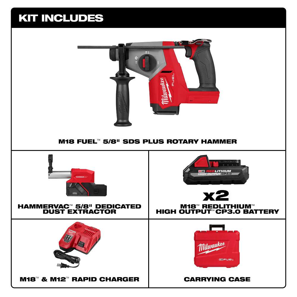 Milwaukee M18 FUEL 5/8" SDS+ Rotary Hammer w/ Dust Extractor Kit - Image 3