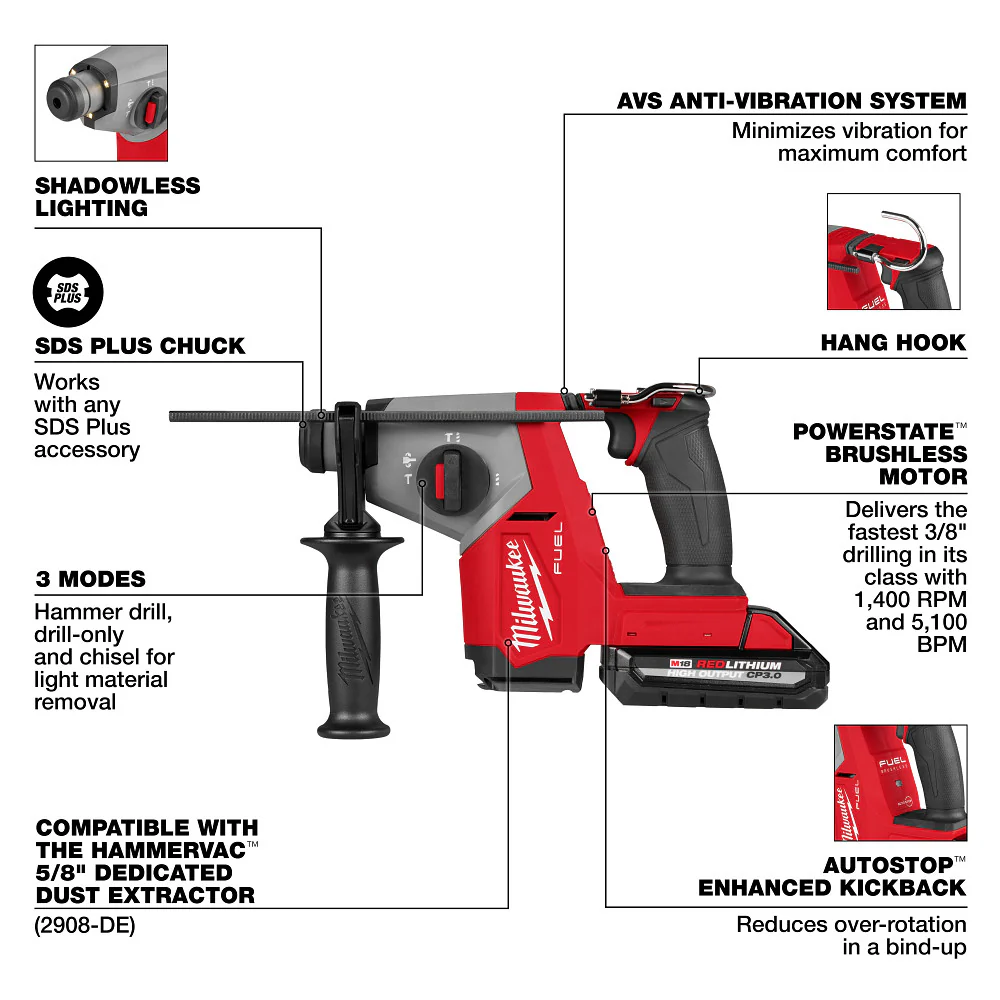 Milwaukee M18 FUEL 5/8" SDS+ Rotary Hammer w/ Dust Extractor Kit - Image 4