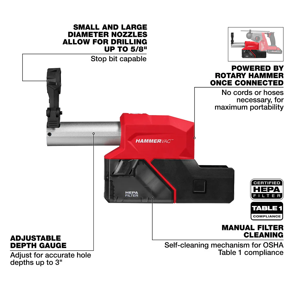Milwaukee M18 FUEL HAMMERVAC 5/8" Dedicated Dust Extractor - Image 3