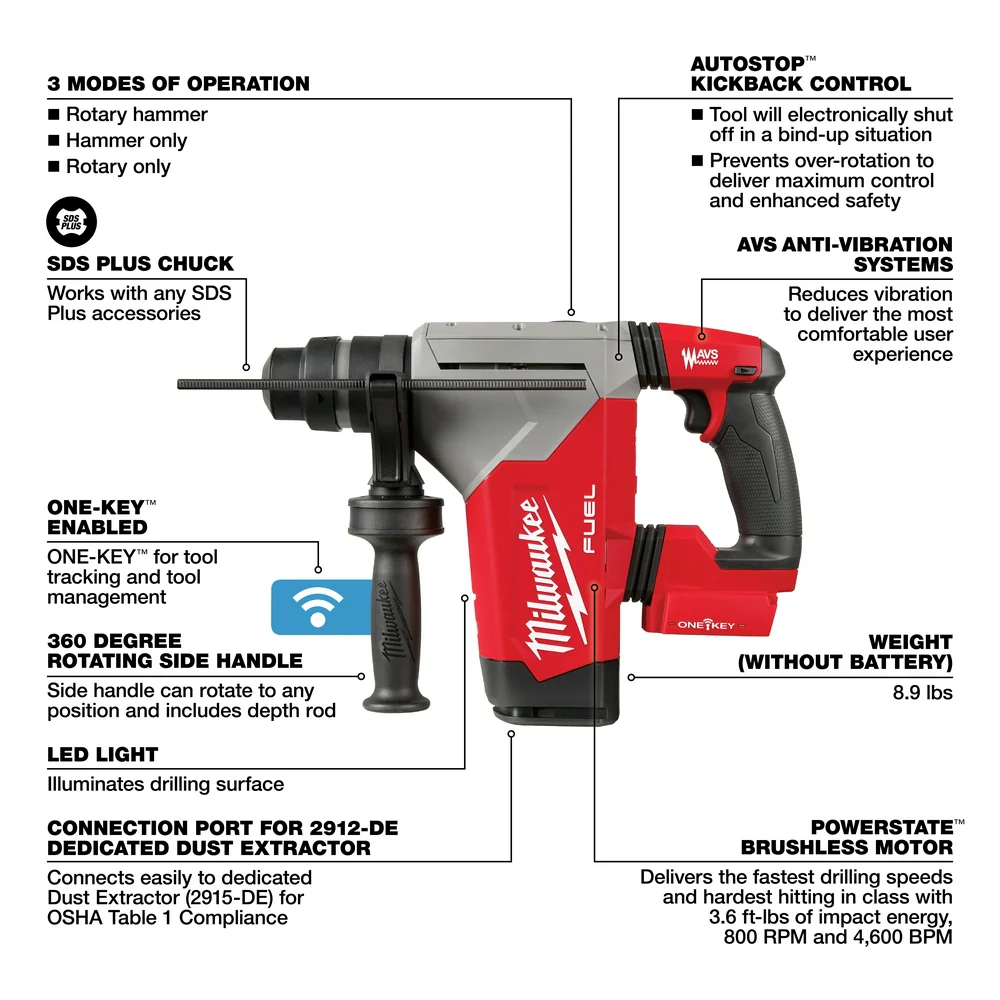 Milwaukee M18 FUEL 1-1/8" SDS Plus Rotary Hammer w/ ONE-KEY - Tool Only - Image 7