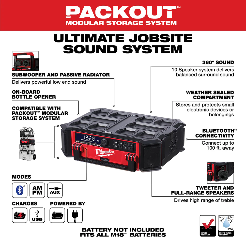 Milwaukee M18 Cordless PACKOUT Radio + Charger - Tool Only - Image 3