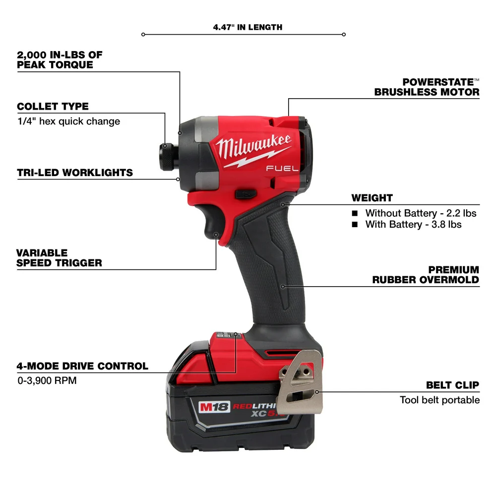 Milwaukee 2953-22 M18 FUEL Cordless 1/4" Hex Impact Driver Kit - Image 4