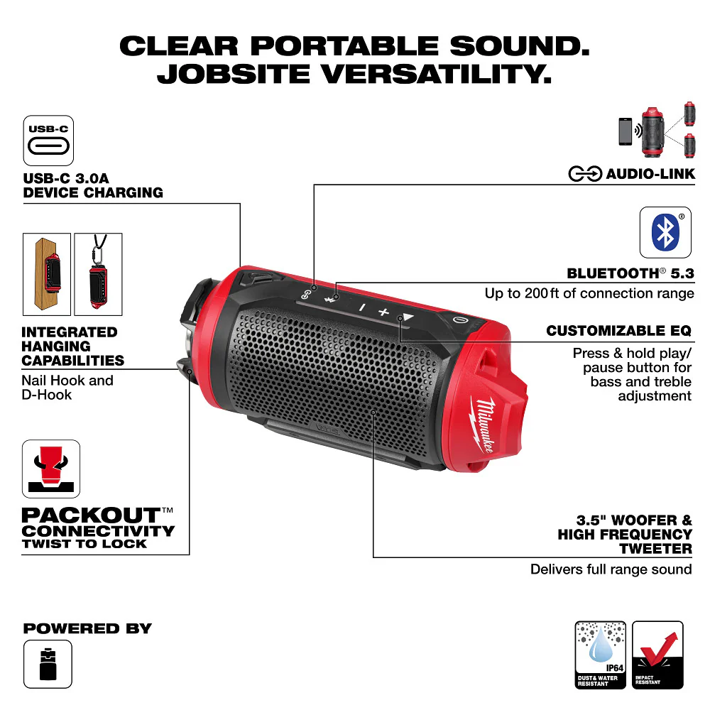 Milwaukeee M12™ Bluetooth® Jobsite Speaker w/ PACKOUT™ Compatibility - Image 4