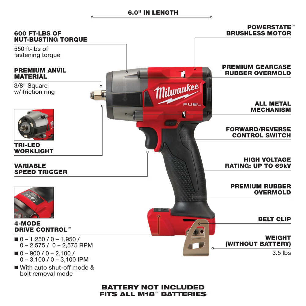 Milwaukee M18 FUEL 3/8" Mid-Torque Impact Wrench w/ Friction Ring - Tool Only - Image 7