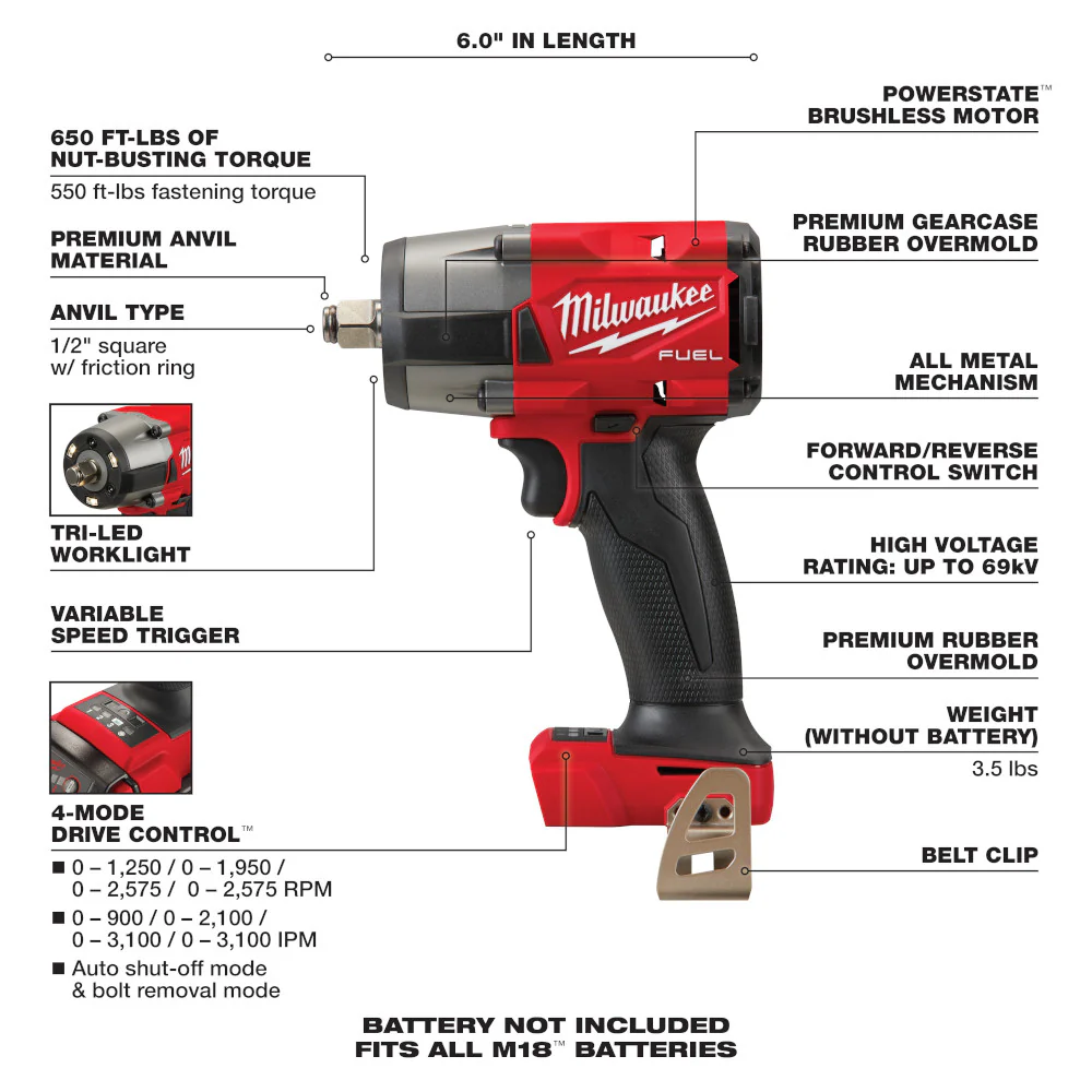 Milwaukee M18 FUEL 1/2" Mid-Torque Impact Wrench w/ Friction Ring - Tool Only - Image 7