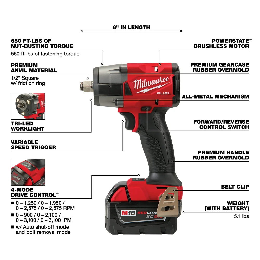 Milwaukee M18 FUEL 1/2" Mid-Torque Impact Wrench w/ Friction Ring Kit - Image 4