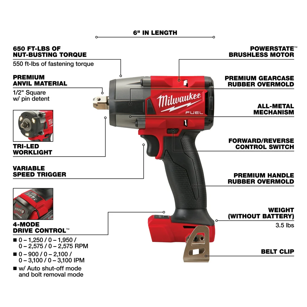 Milwaukee M18 FUEL Cordless 1/2" Mid-Torque Impact Wrench Pin Detent Kit - Image 7