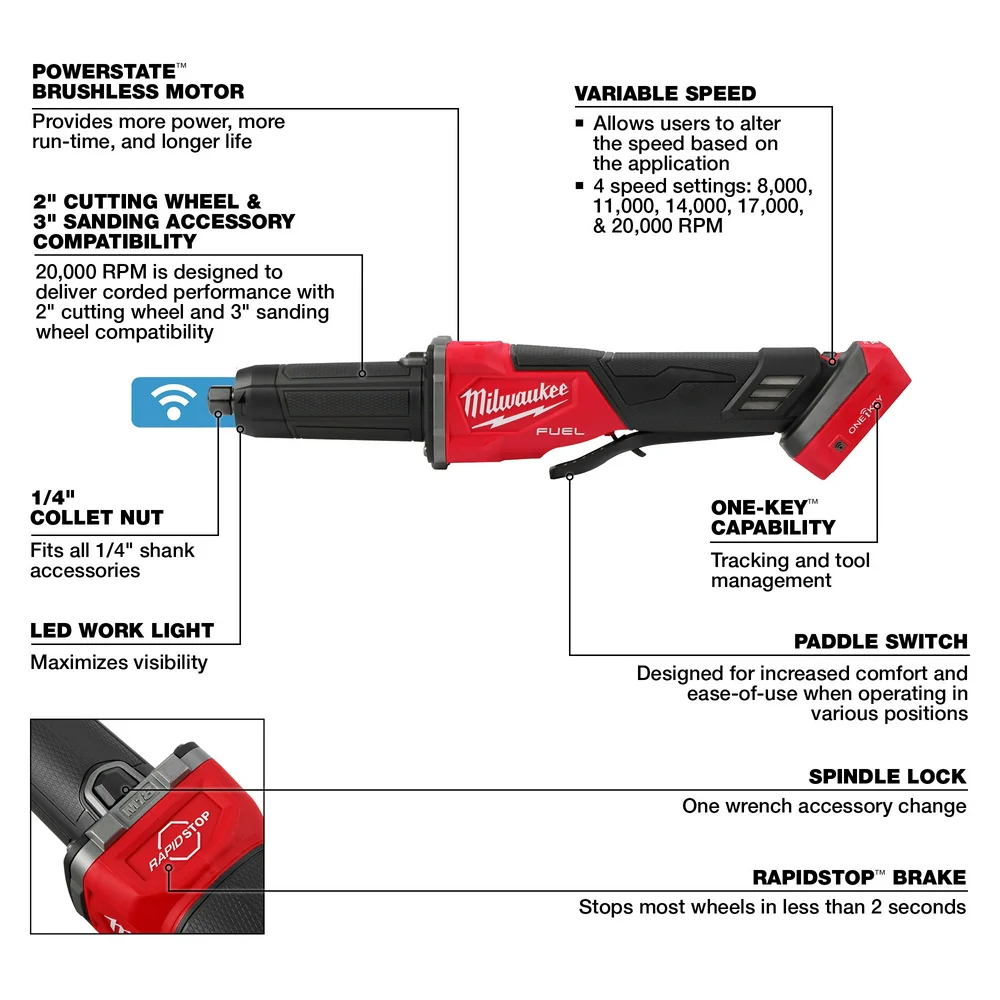 Milwaukee M18 FUEL™ Variable Speed Die Grinder w/ Paddle Switch & ONE-KEY™ - Image 4