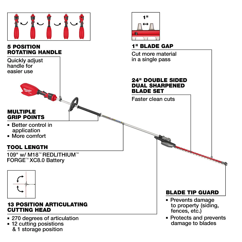 Milwaukee M18 FUEL Extended Pole Articulating Hedge Trimmer - Tool Only - Image 5