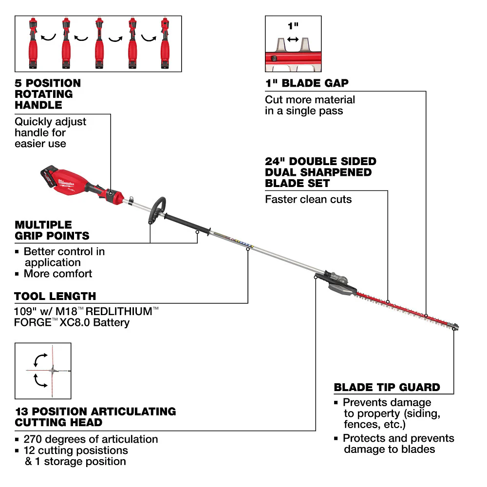 Milwaukee M18 FUEL Extended Pole Articulating Hedge Trimmer Kit - Image 6