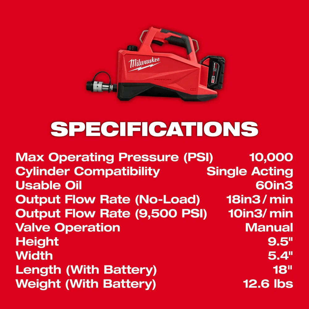 Milwaukee M18™ 60" 3 10,000psi Brushless Single Acting Hydraulic Pump - Image 7