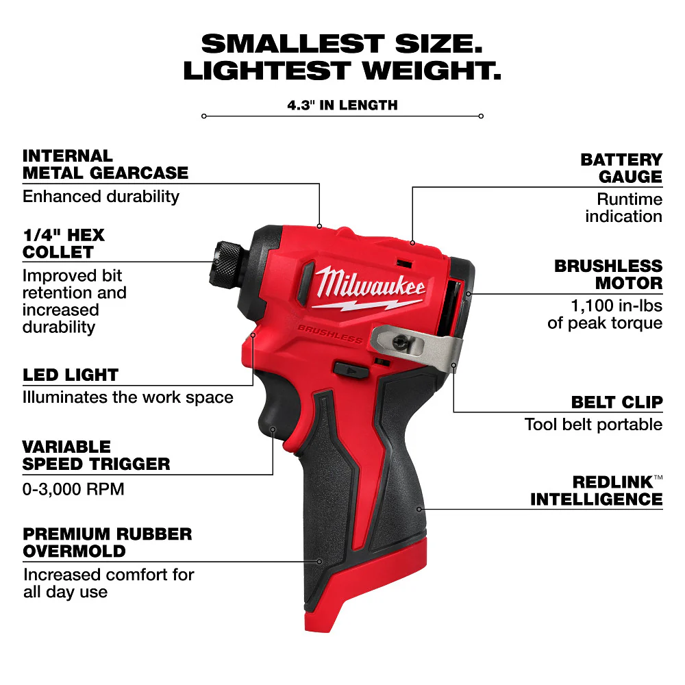 Milwaukee M12 Subcompact Brushless 1/4" Hex Impact Driver - Tool Only - Image 3