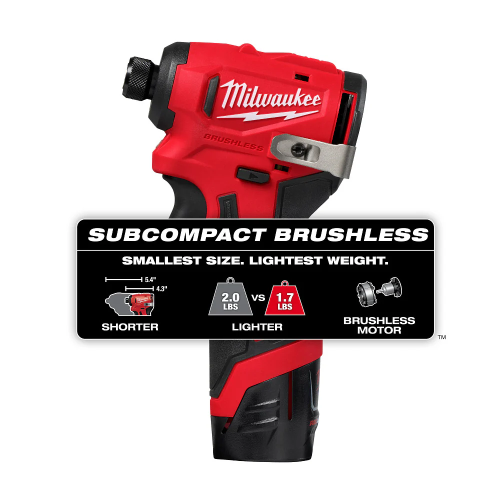 Milwaukee M12 Subcompact Brushless 1/4" Hex Impact Driver Kit - Image 2