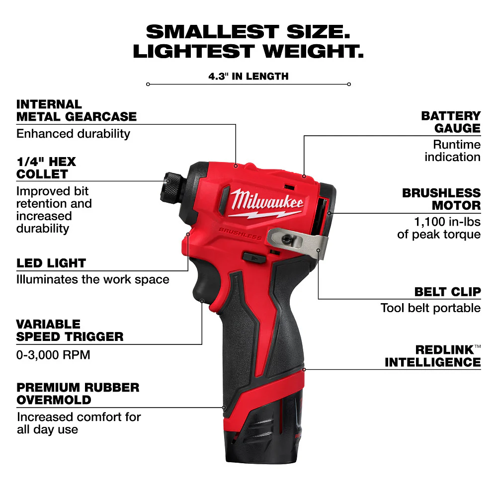 Milwaukee M12 Subcompact Brushless 1/4" Hex Impact Driver Kit - Image 4