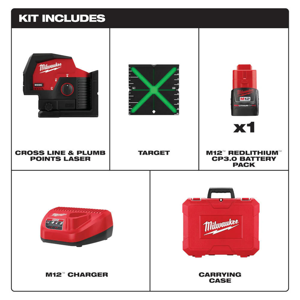Milwaukee M12â„¢ Green Cross Line & Plumb Points Laser Kit - Image 2