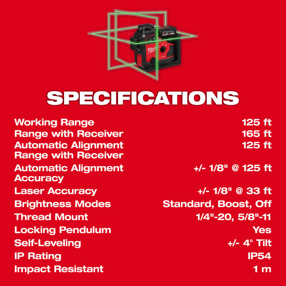 Milwaukee M12™ Green 360° 3-Plane Laser w/Automatic Alignment & Receiver - Image 9
