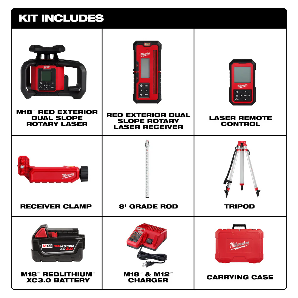 Milwaukee M18 Red Exterior Dual Slope Rotary Laser Level Kit w/ Tripod - Image 2