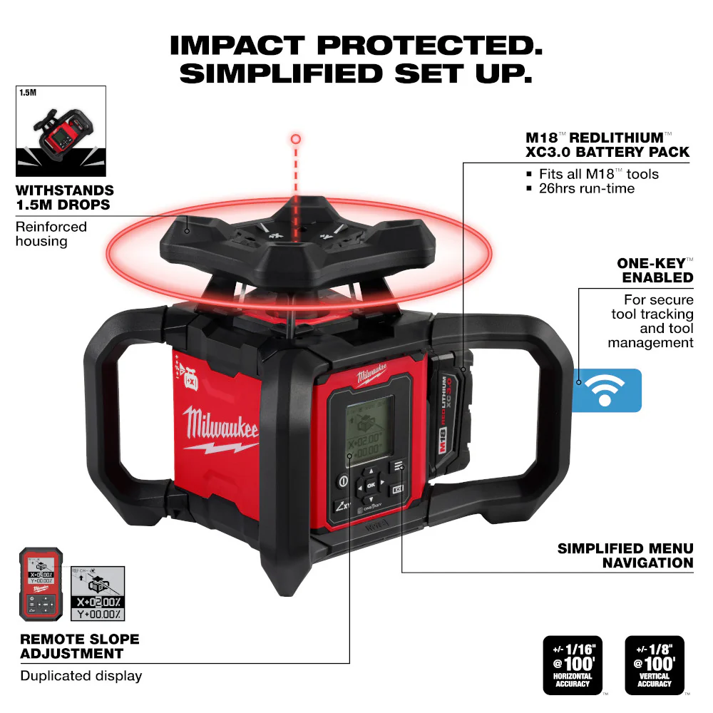 Milwaukee M18 Red Exterior Dual Slope Rotary Laser Level Kit w/ Tripod - Image 3