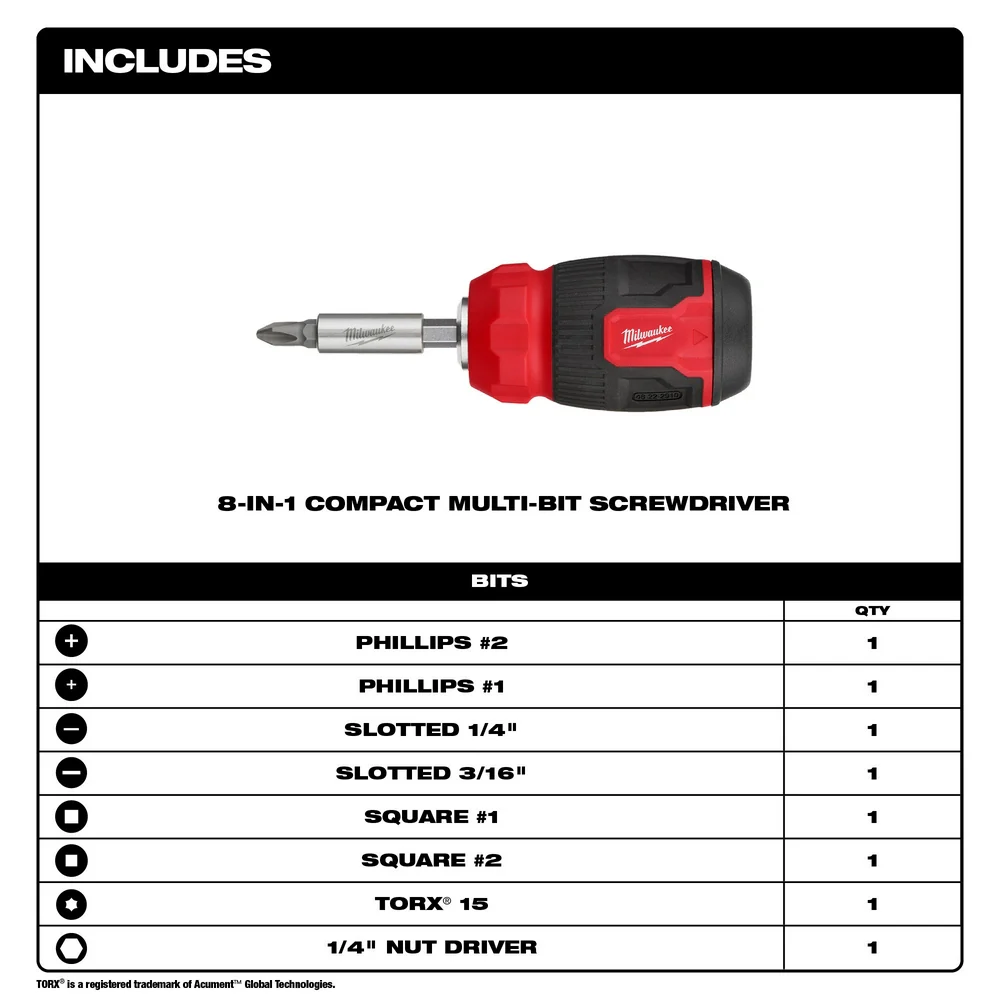 Milwaukee 8-in-1 Compact Multi-Bit Screwdriver - Image 2