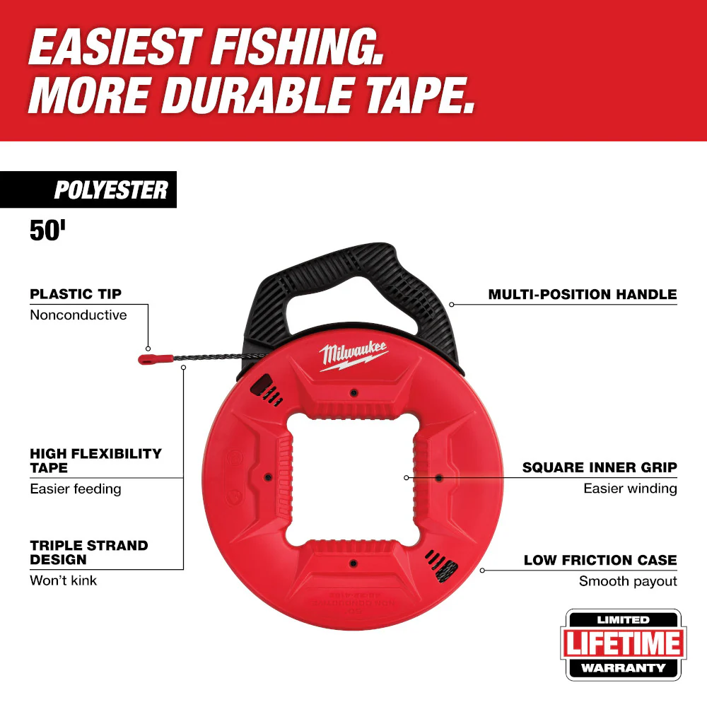 Milwaukee 50ft Polyester Fish Tape w/ Non-Conductive Tip - Image 2
