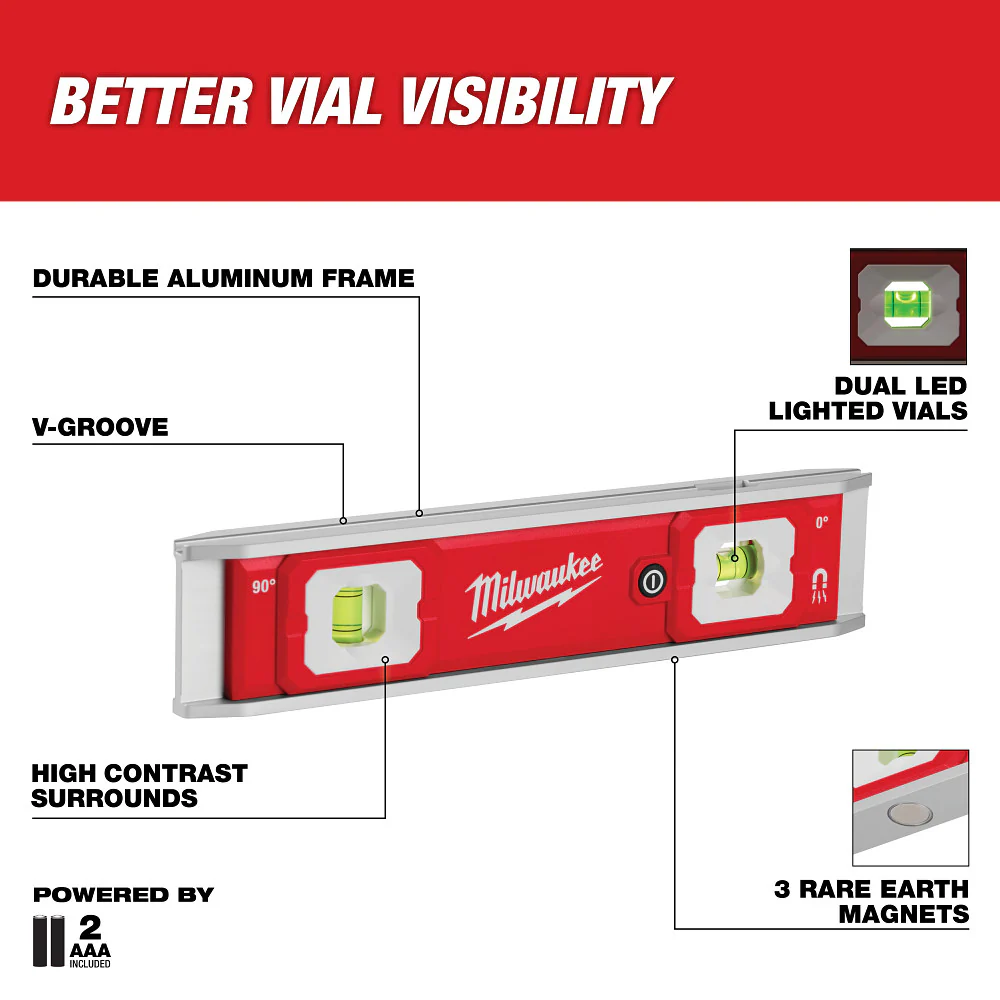 Milwaukee 9" Torpedo Level w/ Lighted Vials - Image 2