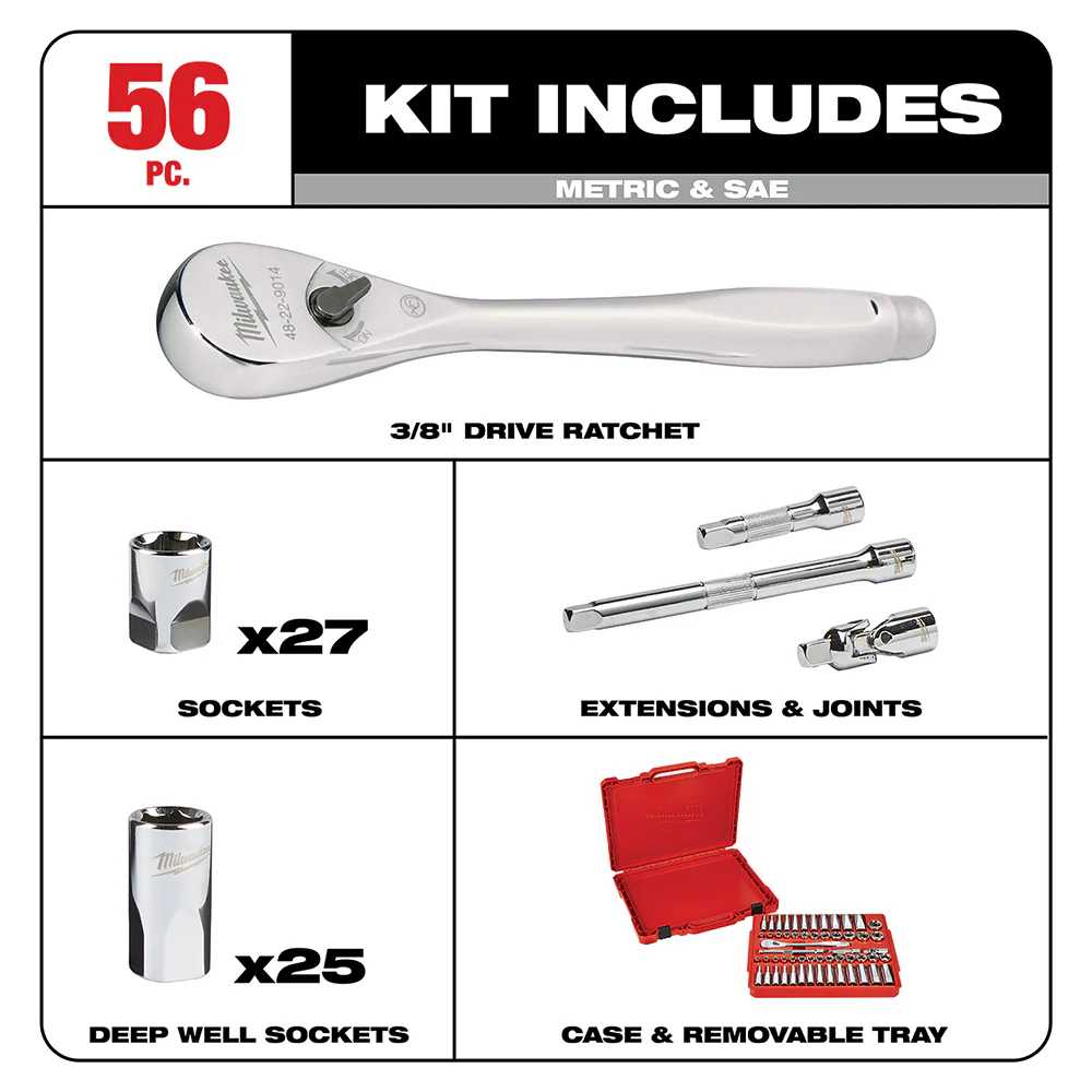 Milwaukee 3/8" Drive 56 pc. Ratchet & Socket Set - SAE & Metric - Image 2