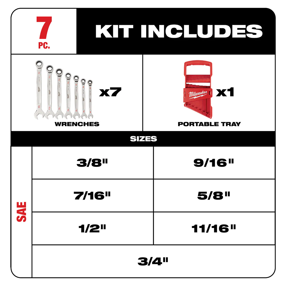 Milwaukee 7PC Ratcheting Combination Wrench Set - SAE - Image 2