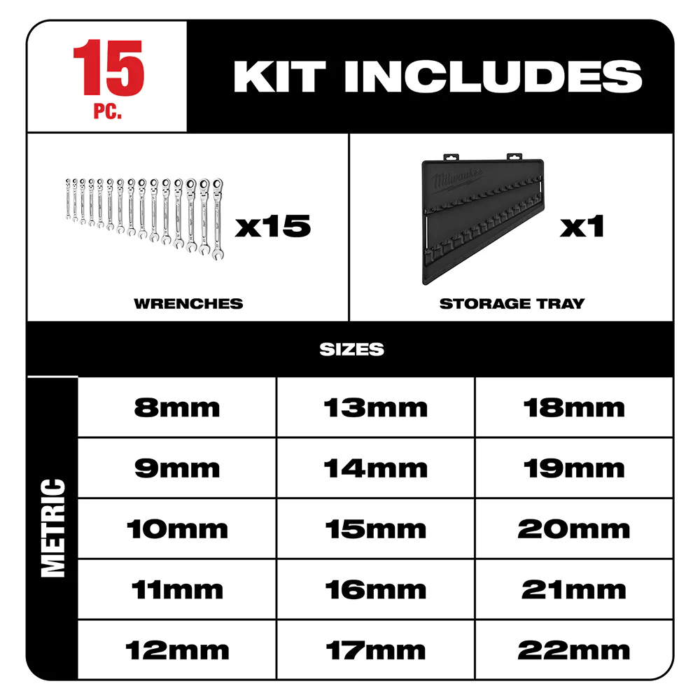 Milwaukee 15 pc. Metric Flex Head Ratcheting Combination Wrench Set - Image 2