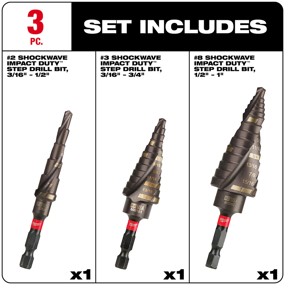 Milwaukee SHOCKWAVE Impact Duty Step Bit Mechanical Set (#2, #3, #8) - Image 4