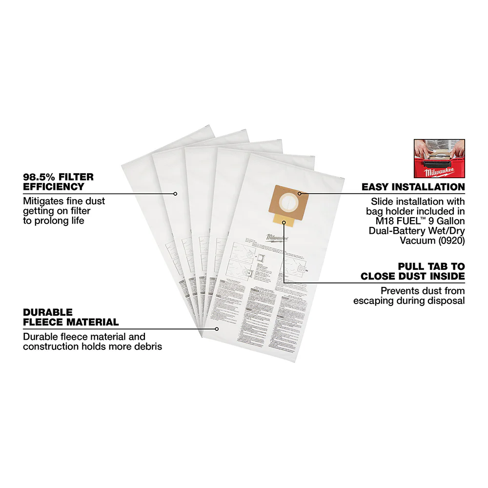 Milwaukee Fleece Dust Bags 9 Gallon - 5 Pack - Image 6