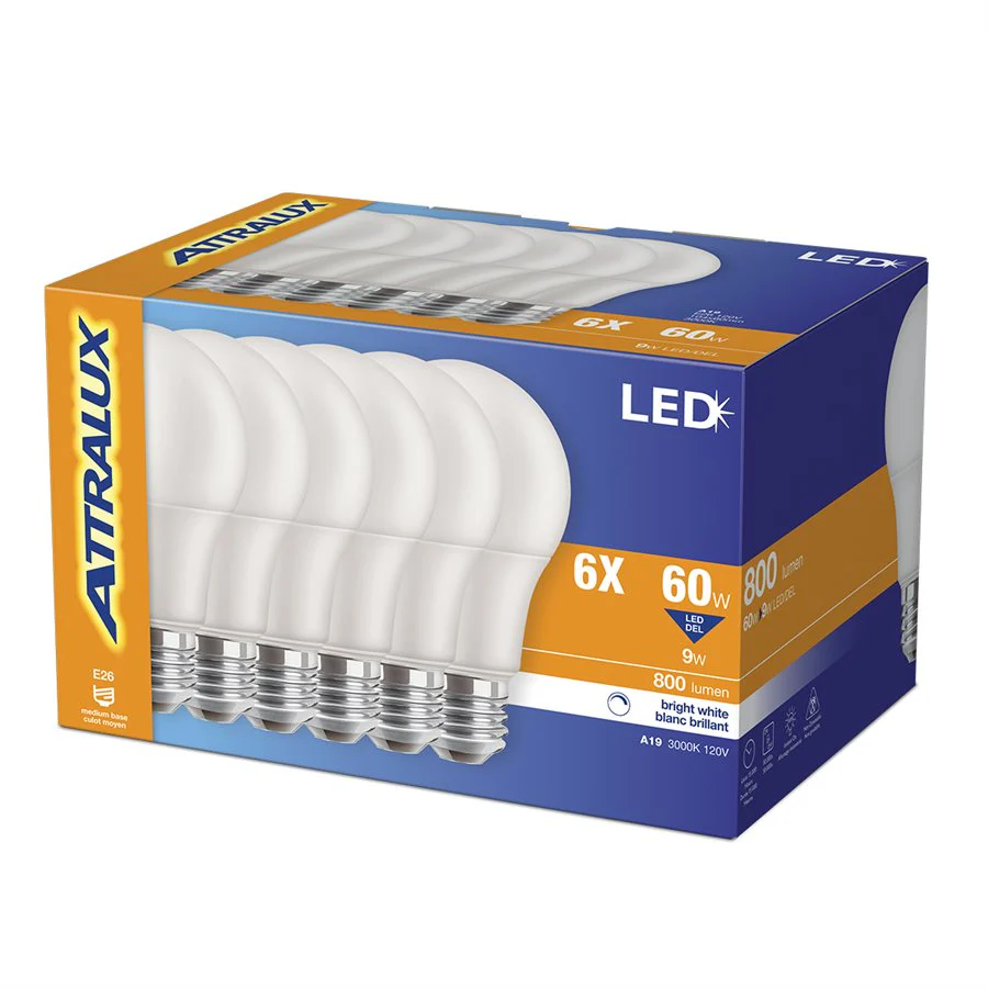 Attralux 6PK Bulb A19 LED Non-Dimmable 9W Bright White