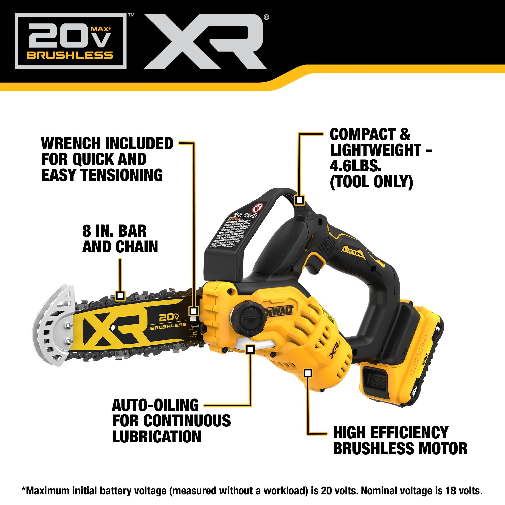 DeWalt 20V MAX XR® 8" Brushless Pruning Chainsaw Kit w/ 3Ah Battery - Image 5