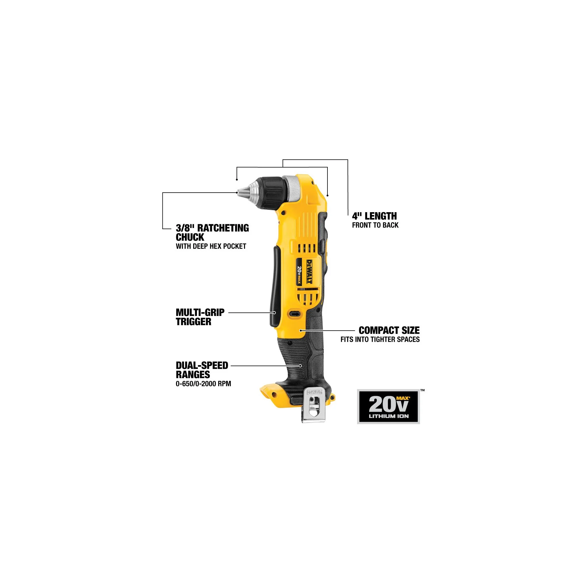 DeWalt 20V MAX 3/8" Right Angle Drill - Tool Only - Image 7