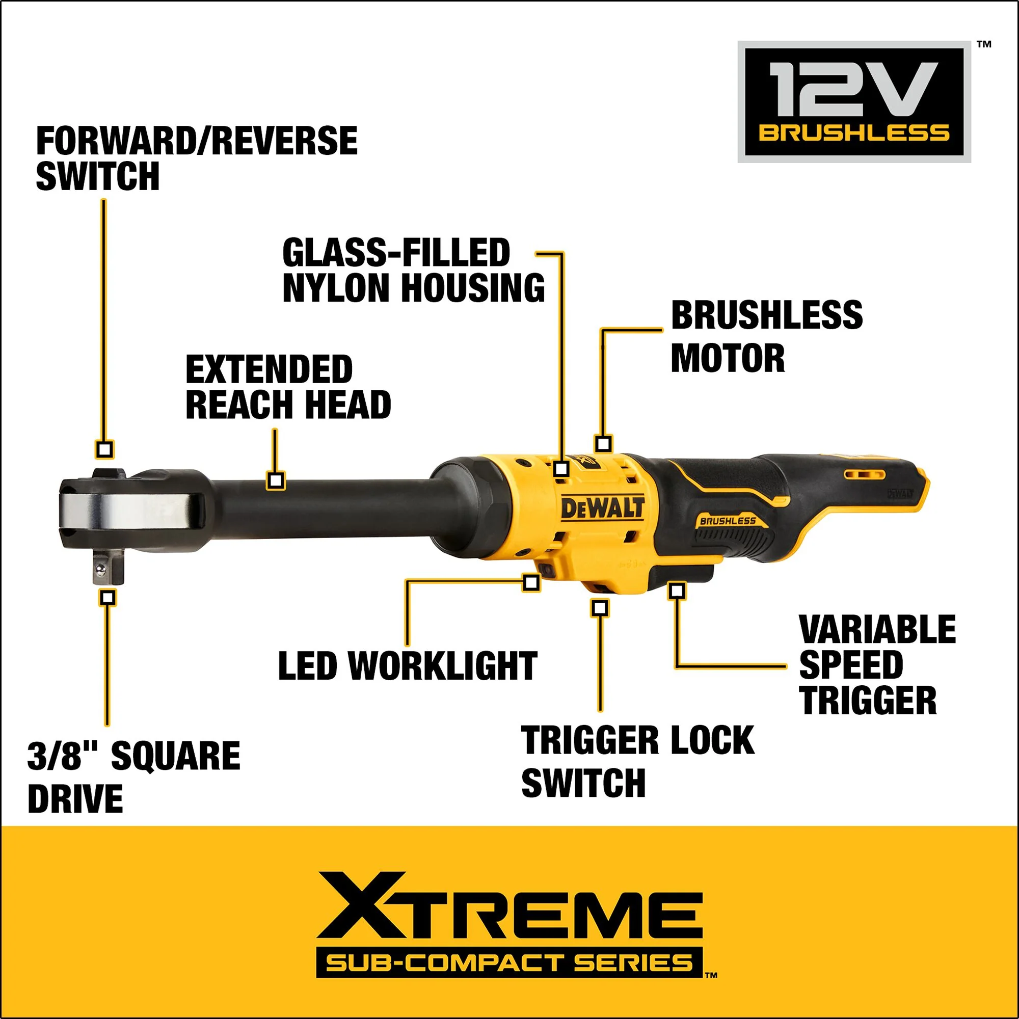 DeWalt XTREMEâ„¢ 12V MAX Brushless 3/8" Drive Extended Reach Ratchet - Tool Only - Image 3