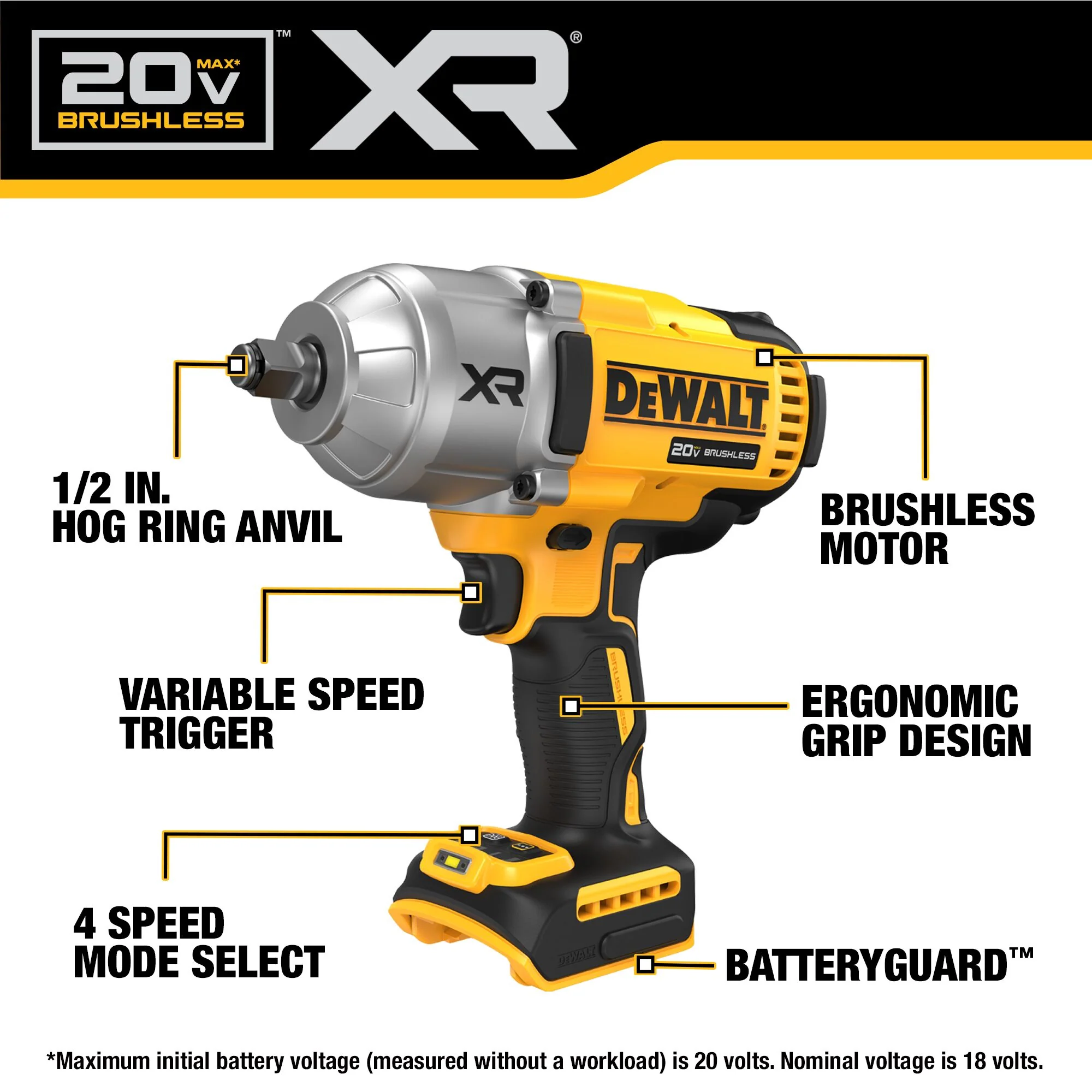 DeWalt 20V MAX XR 1/2" High Torque Impact Wrench w/ Hog Ring Anvil - Image 6