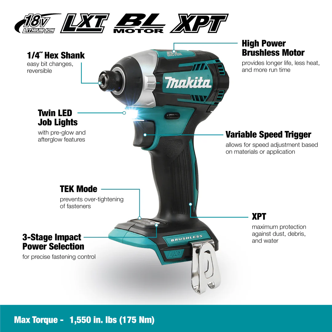 Makita DTD154Z 18V LXT 1/4" Brushless Impact Driver - Tool Only - Image 5