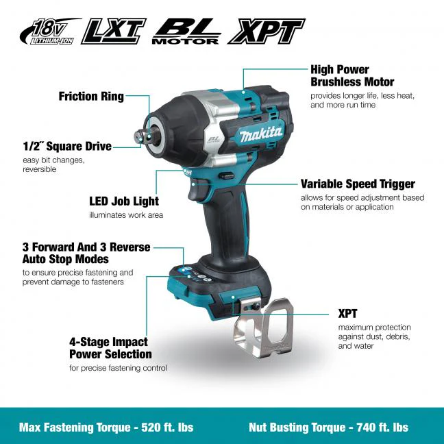 Makita 18V LXT Brushless 1/2" Impact Wrench w/Friction Ring - Tool Only - Image 2