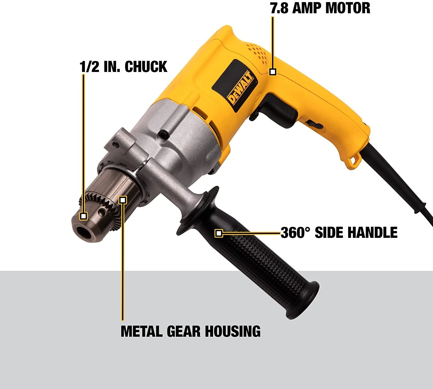 DeWalt 1/2" 600 RPM VSR Corded Power Drill - Keyed Chuck - Image 3