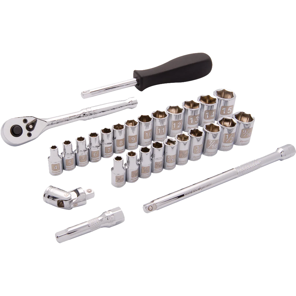 Dynamic 1/4" Drive, 28 Piece 6 Point Standard SAE/Metric Socket Set, 3/16" - 9/16", 4mm - 15mm