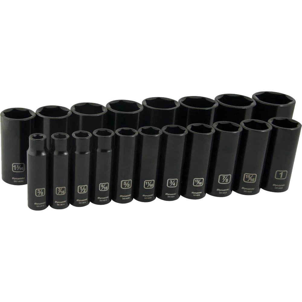 Dynamic 1/2 Drive, 19 Piece, 6 Point Deep SAE Impact Socket Set