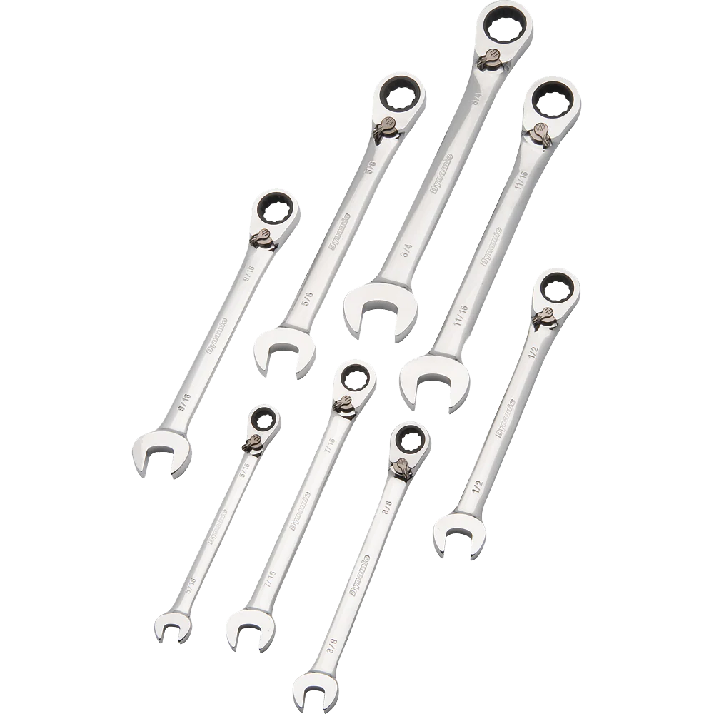 Dynamic 8 pc. SAE Reversible Combination Ratcheting Wrench Set - 5/16" - 3/4"