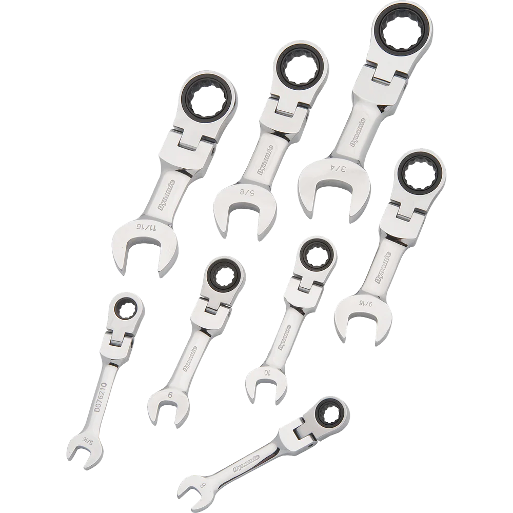 Dynamic 8 pc. SAE Stubby Flex Head Combination Ratcheting Wrench Set - 5/16" - 3/4"
