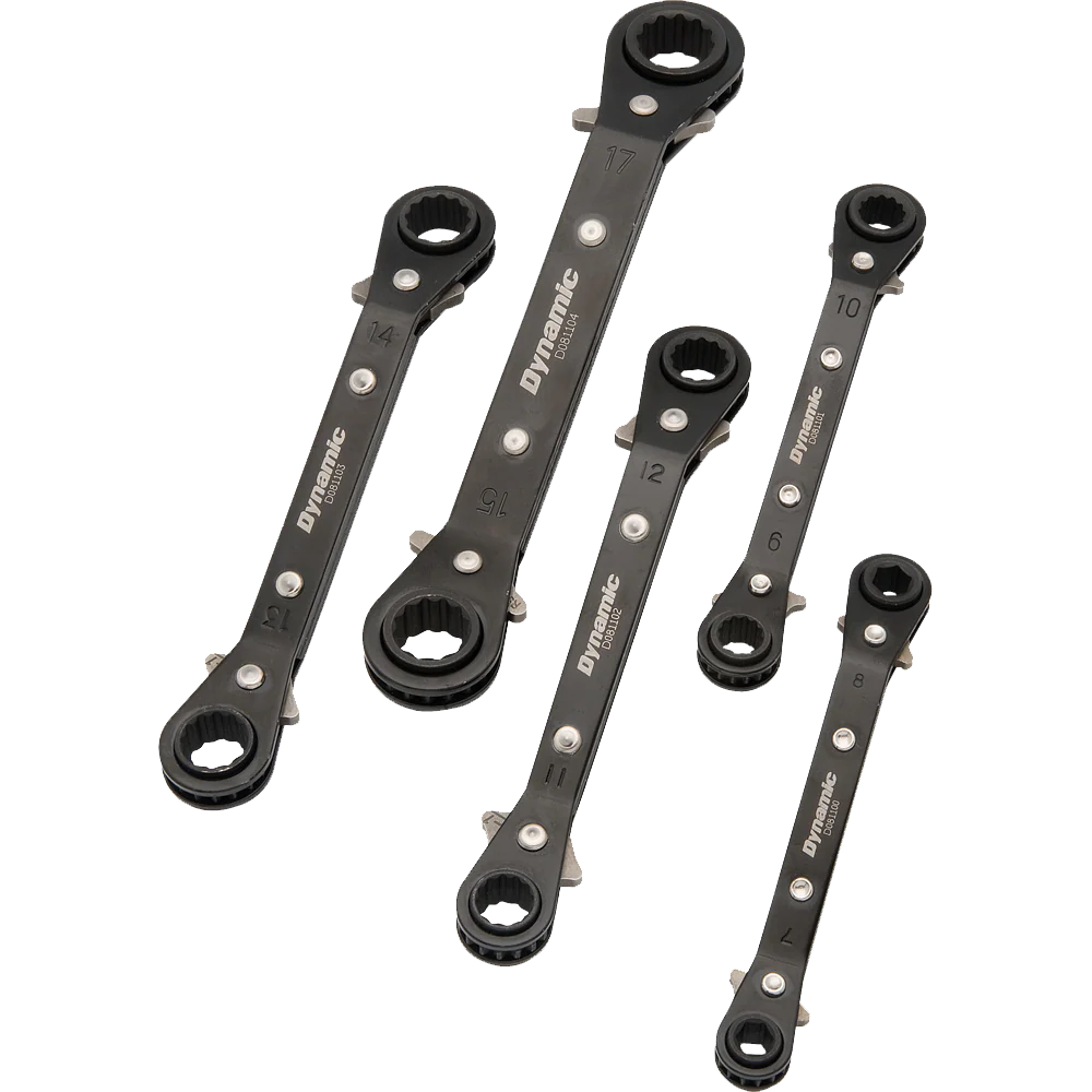 Dynamic 5 pc. Metric Double Box End 25° Offset Reversible Ratcheting Wrench Set